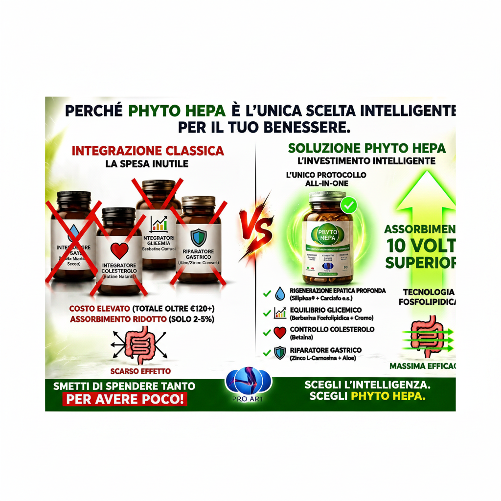 Infografica comparativa di Phyto Hepa Pro Art: integratore all-in-one per rigenerazione epatica (Siliphos e Carciofo), equilibrio glicemico (Berberina), controllo colesterolo (Betaina) e protezione gastrica (Zinco L-Carnosina). Mostra un assorbimento 10 volte superiore rispetto all'integrazione classica grazie alla tecnologia fosfolipidica.