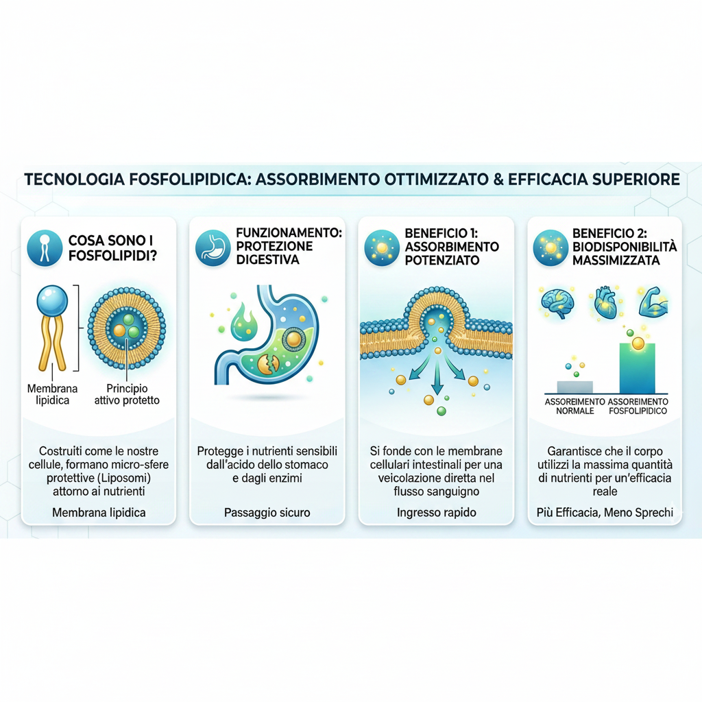 Infografica scientifica sulla tecnologia fosfolipidica negli integratori: spiega come i liposomi creano una membrana lipidica protettiva attorno ai nutrienti, garantendo protezione digestiva dagli acidi dello stomaco, un assorbimento potenziato attraverso le membrane cellulari intestinali e una biodisponibilità massimizzata rispetto all'assorbimento normale per cuore, cervello e muscoli.